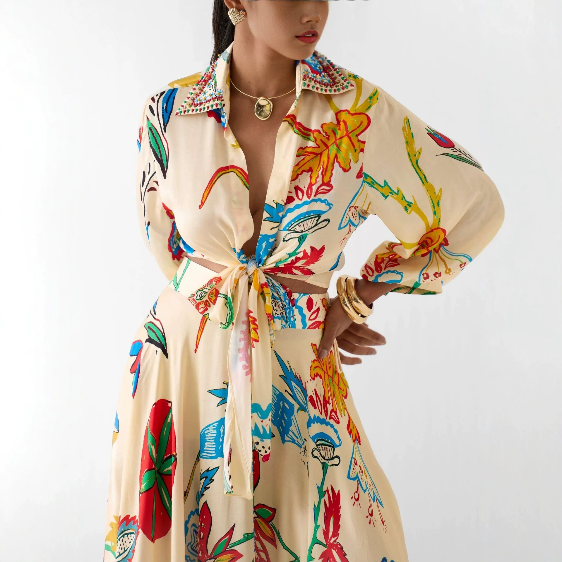 Vintage Oil Painting Floral Print Tie-Front Shirt and Maxi Skirt Two-Piece Set