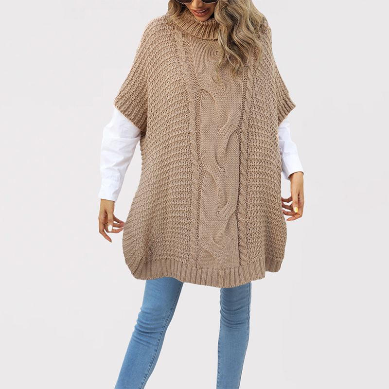 Cable-Knit Turtleneck Poncho Sweater Women's Loose Short-Sleeve Pullover