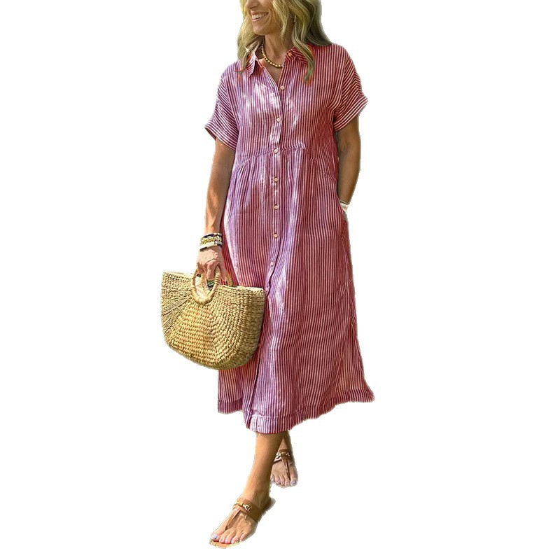 Women's Striped Short Sleeve Shirt Dress Loose Plus Size Casual Midi