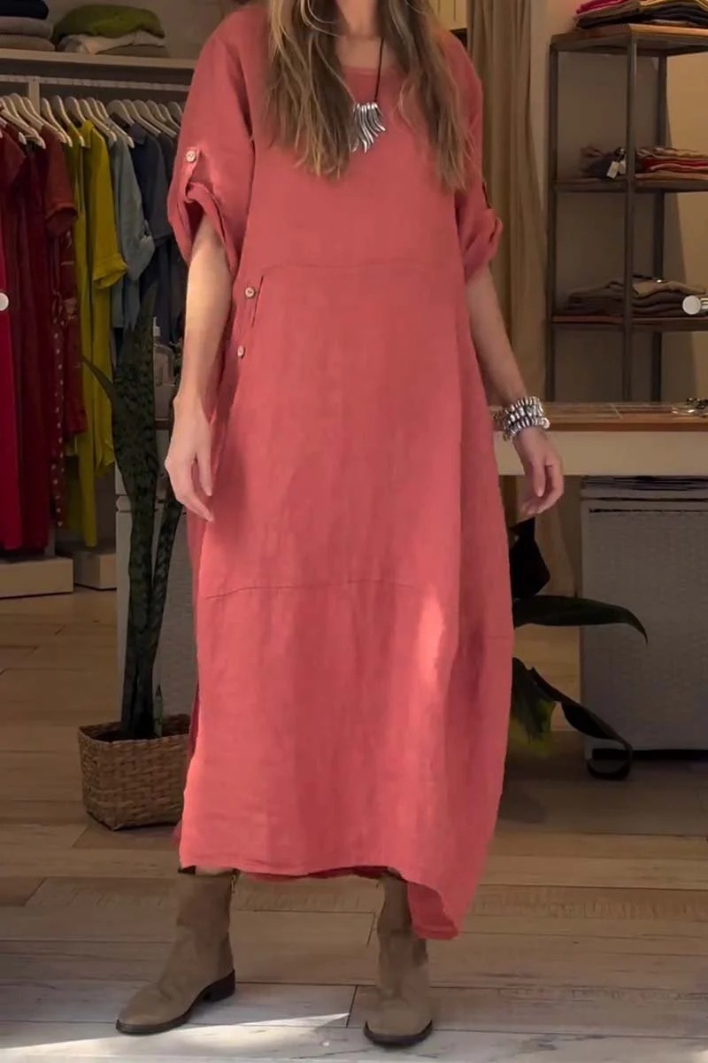 Women's Summer Loose Casual Solid Short Sleeve Cotton Linen Dress