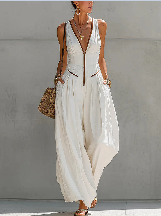 Elegant V-Neck Zip Waist-Cinching Sleeveless Jumpsuit