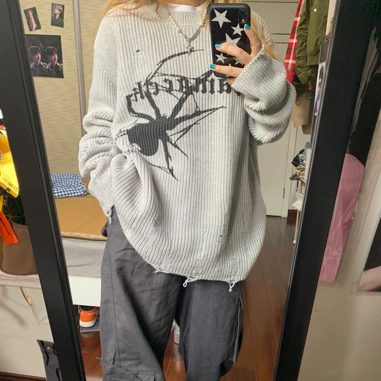 Women's Long Sleeve Loose Casual Distressed Knit Sweater