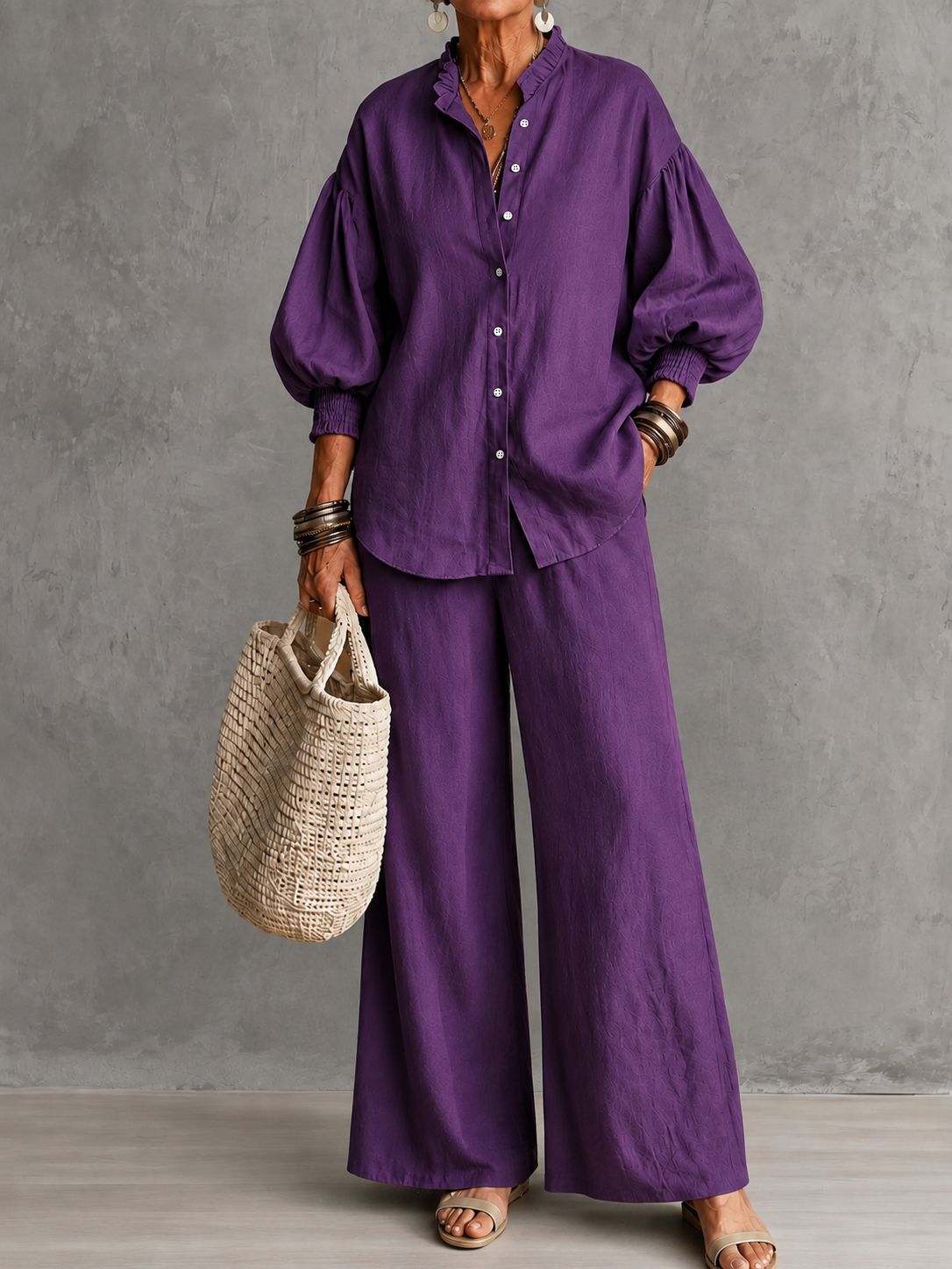 Women's Solid Ruffle Stand Collar Lantern Sleeve Shirt & Wide-Leg Pants Two-Piece Set