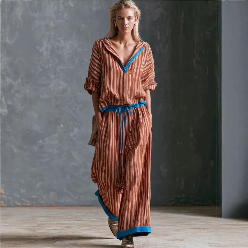 Retro Colorblock Hooded Long Sleeve Top and Pants Set