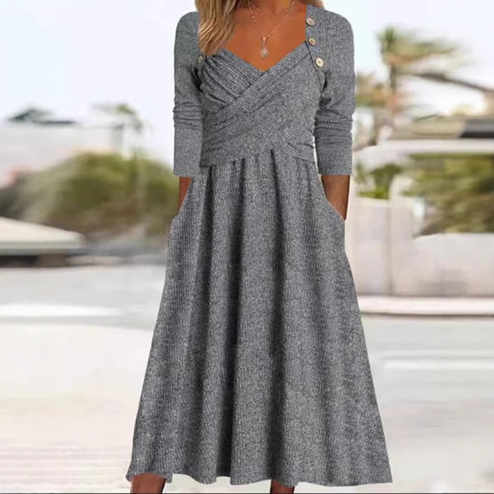 V-Neck Solid Color Long Sleeve Casual Dress