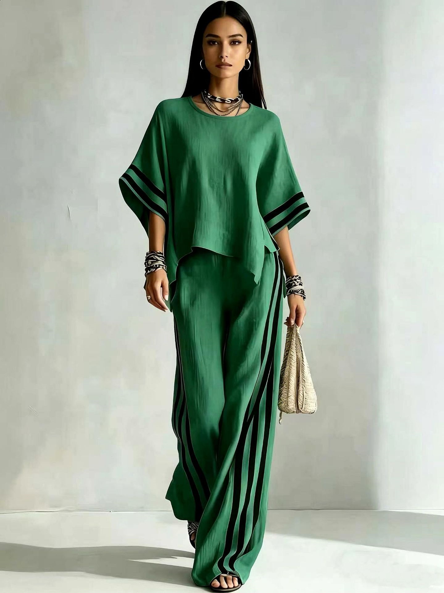 Women's Striped Two-Piece Wide-Leg Pants Set Casual Colorblock