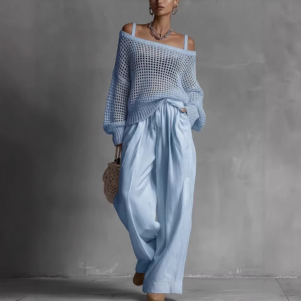 Women's Open-Knit Top & Cotton-Linen Pants Two-Piece Set