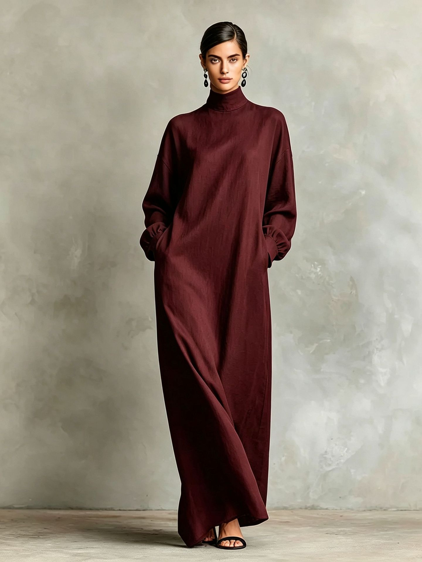 Women's Solid High Neck Loose Casual A-Line Long Dress