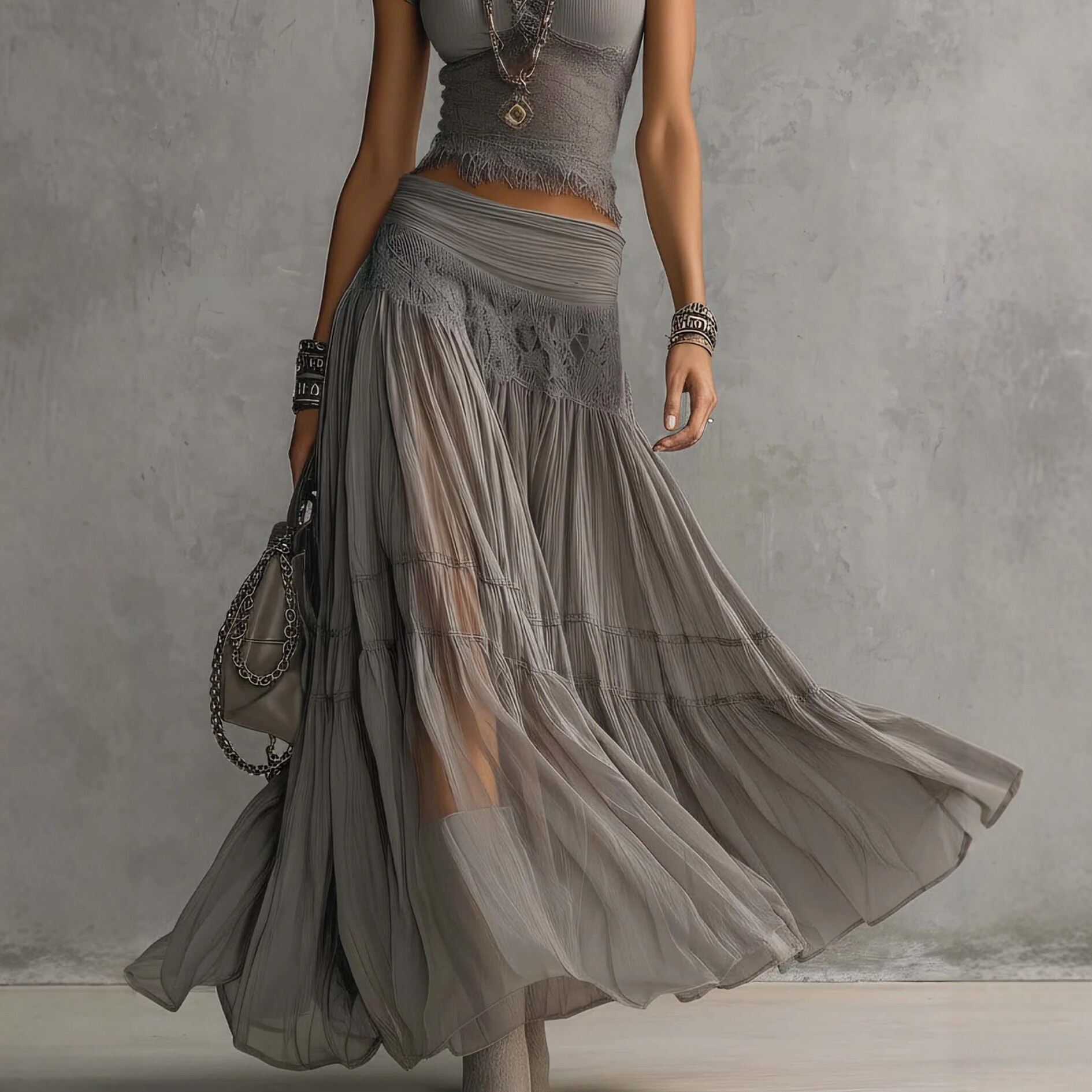 Gray Knit Top and Chiffon Maxi Skirt Two-Piece Set