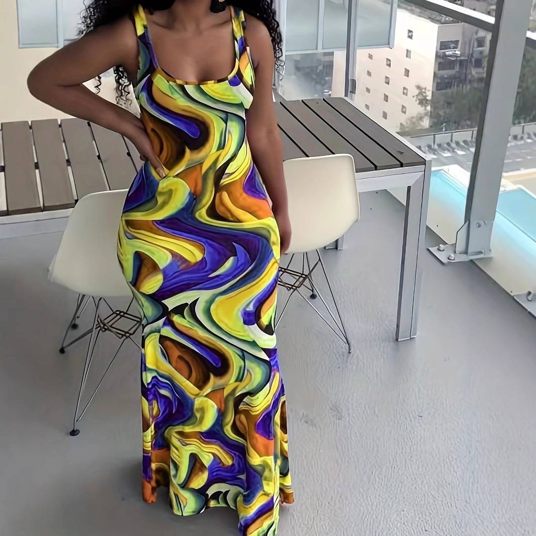 Women's Colorful Wave Print Bodycon Maxi Dress with Deep U-Neck