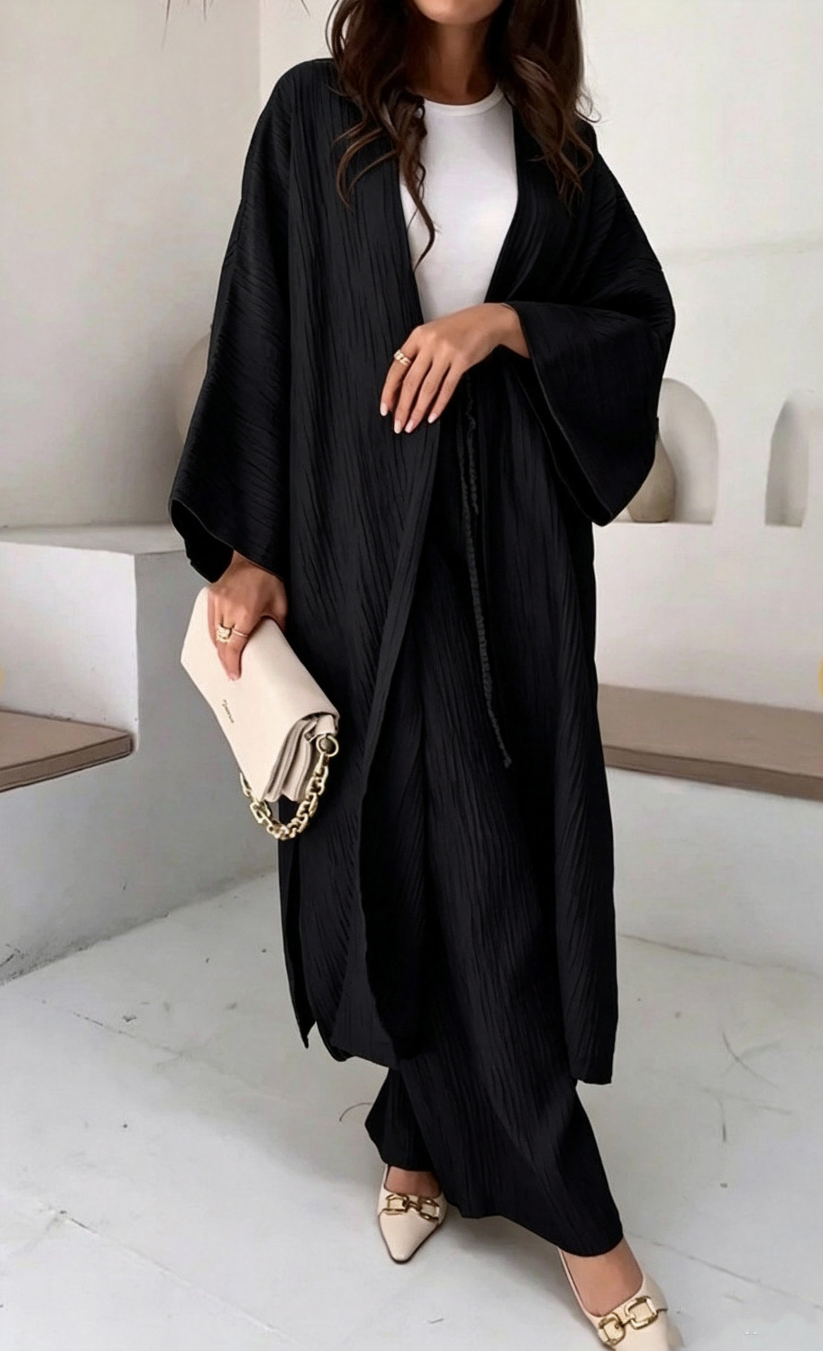Minimalist Crinkle Textured Two-Piece Set with Long Kimono Sleeve Cardigan and High-Waist Wide-Leg Pants