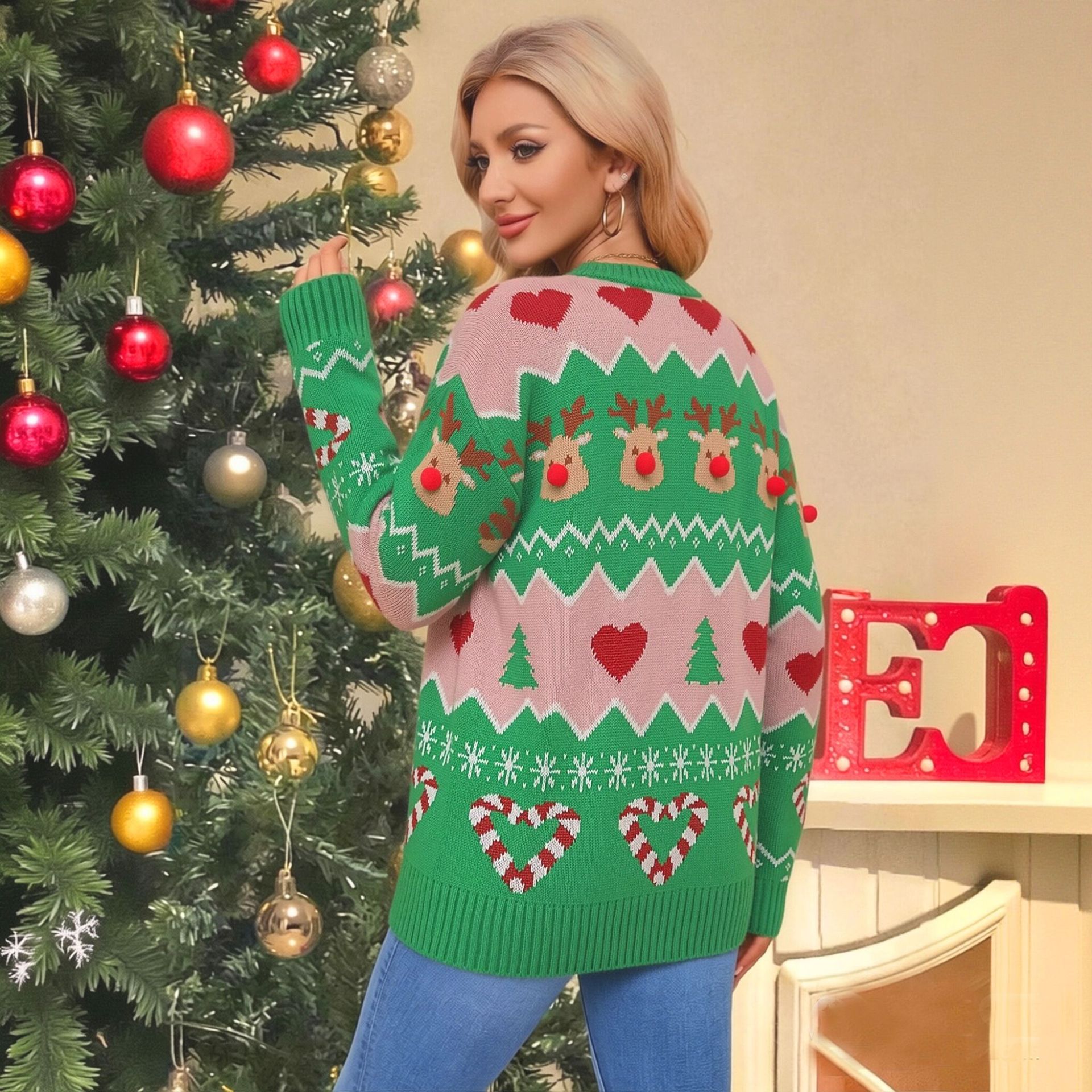 Christmas Reindeer Pullover Sweater Women's Loose Knit