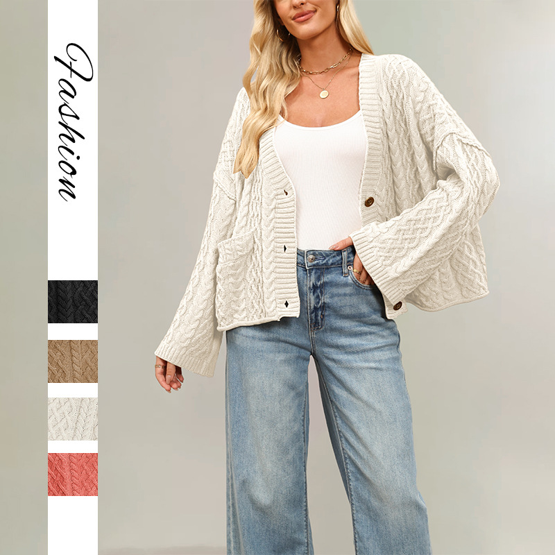Cable-Knit Loose Solid Cardigan