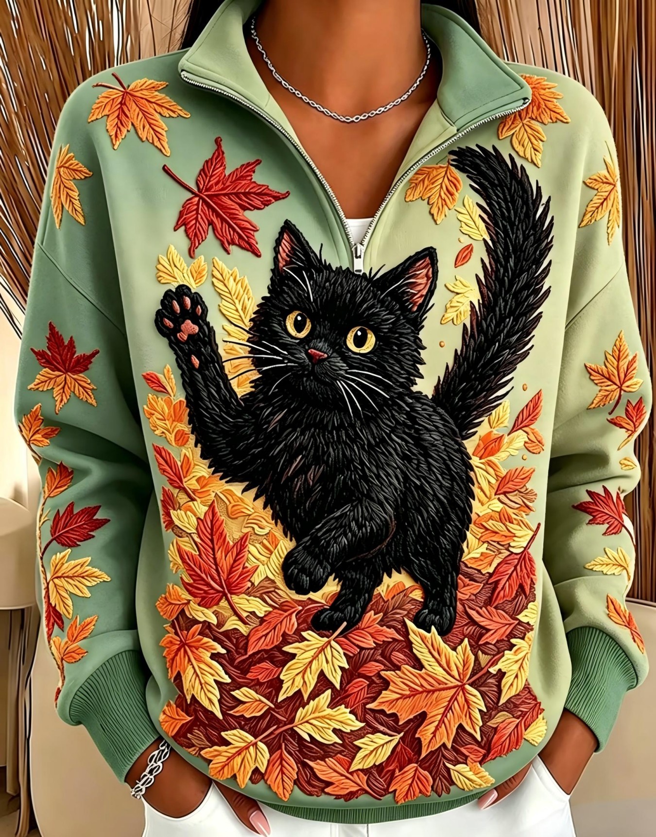 Cat & Maple Leaf Print Half-Zip Hoodie for Women