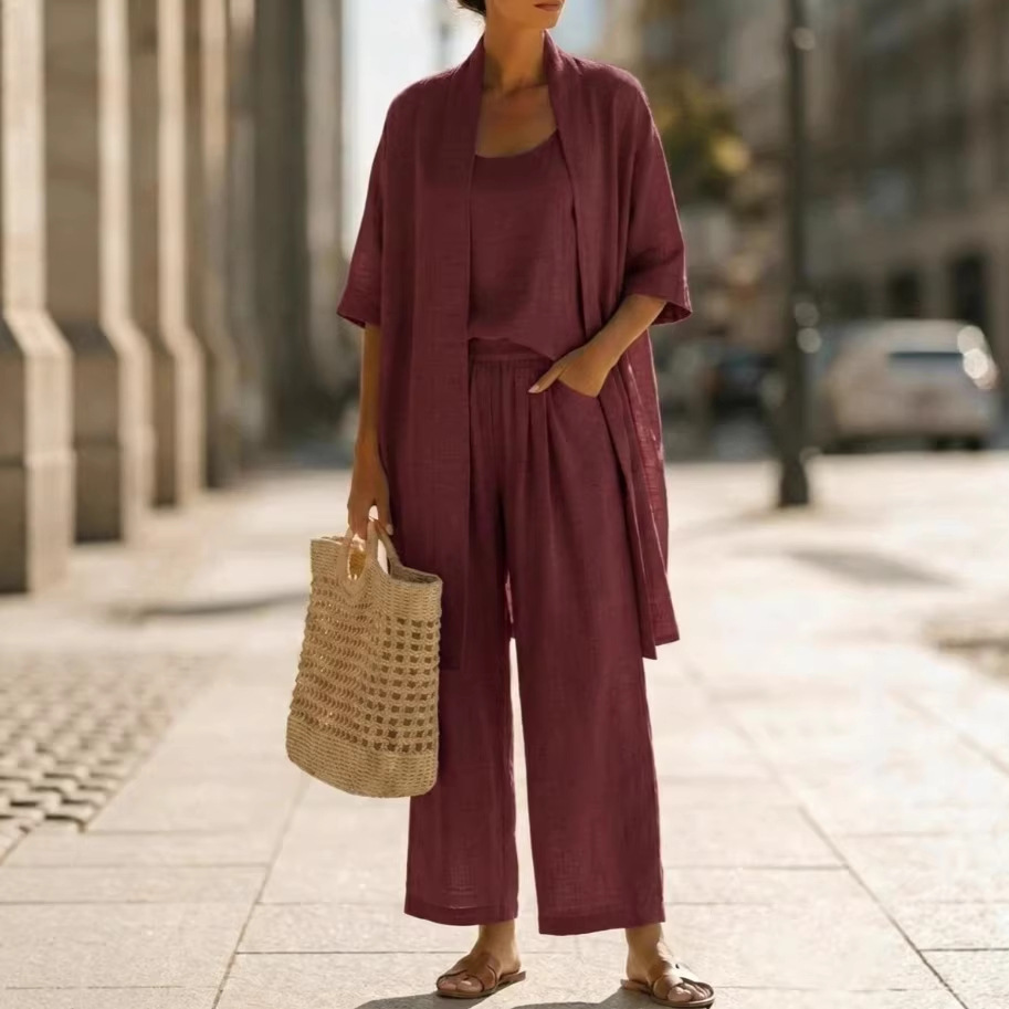 Women's Summer Straight-Leg Solid Color 3-Piece Pants Set