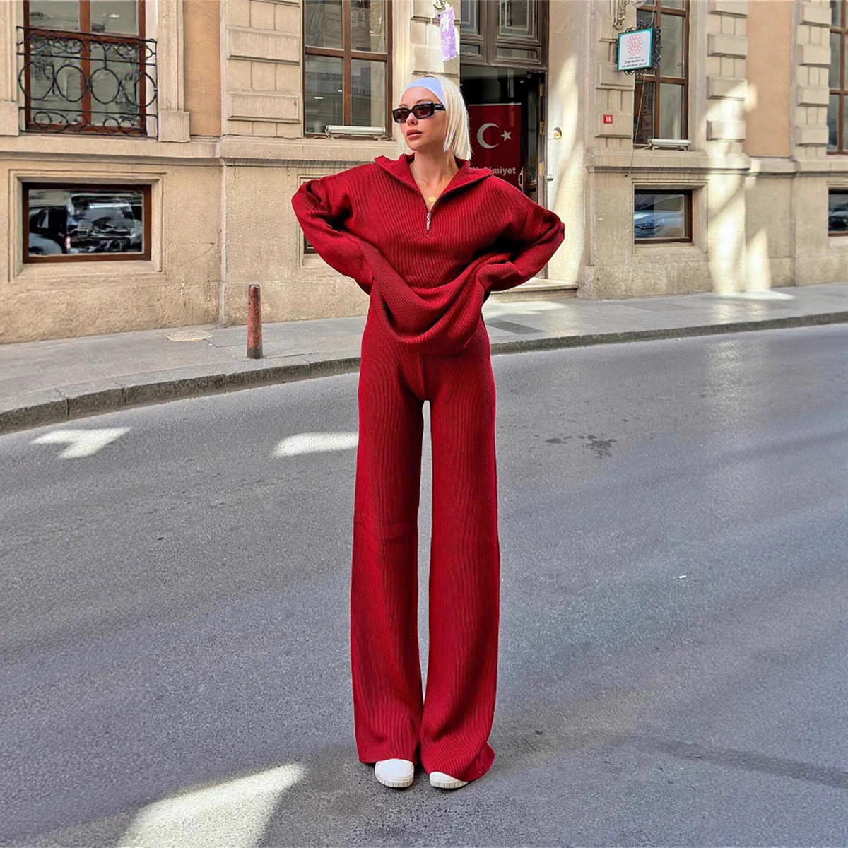 Women's Solid Color Knit Sweater and Pants Set Relaxed Fit Two-Piece