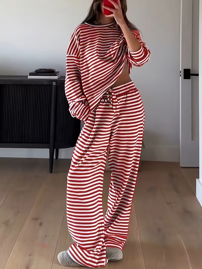 Striped Long-Sleeve Top and High-Waist Pants Casual Set