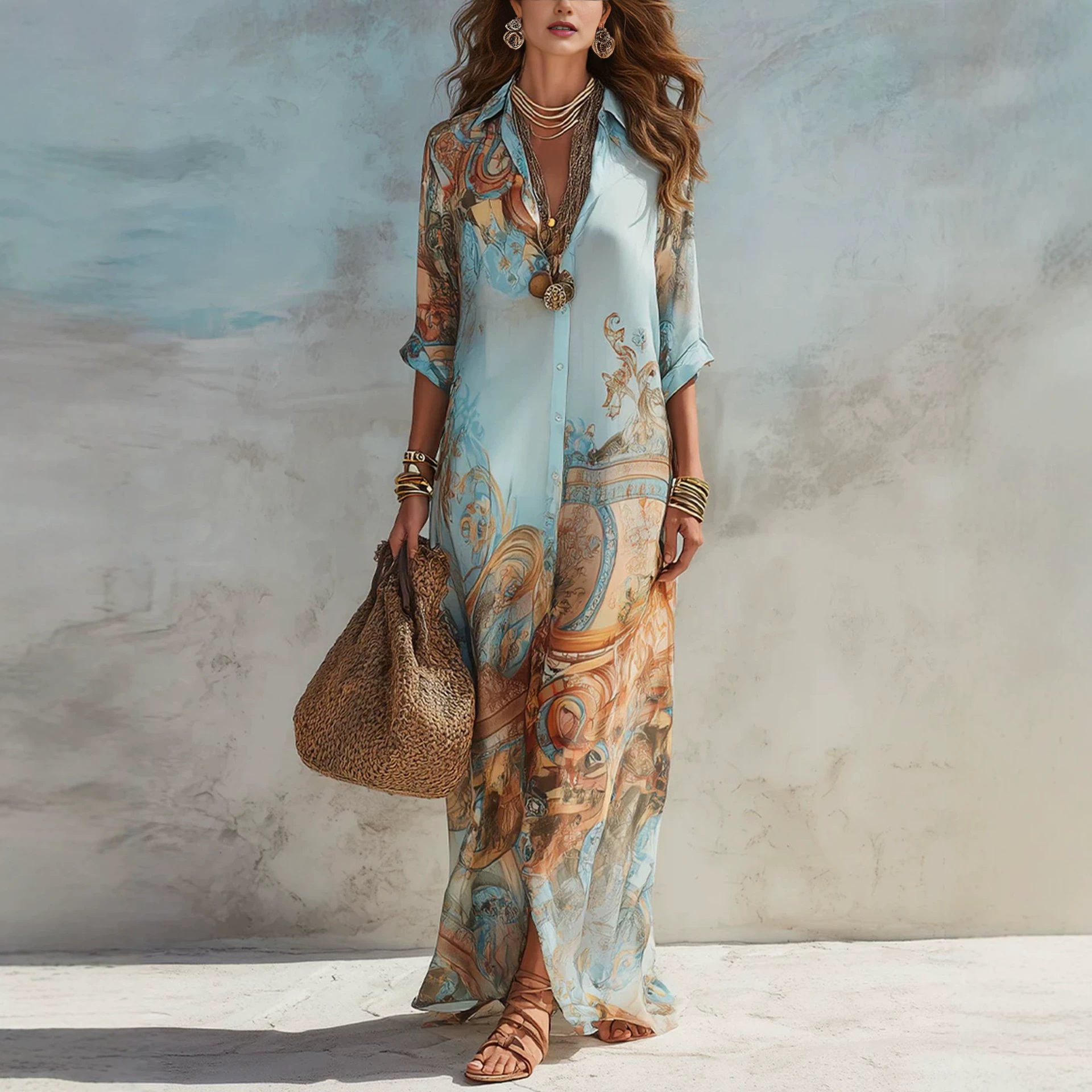 Floral Print Collared Midi Shirt Dress with Puff Sleeves