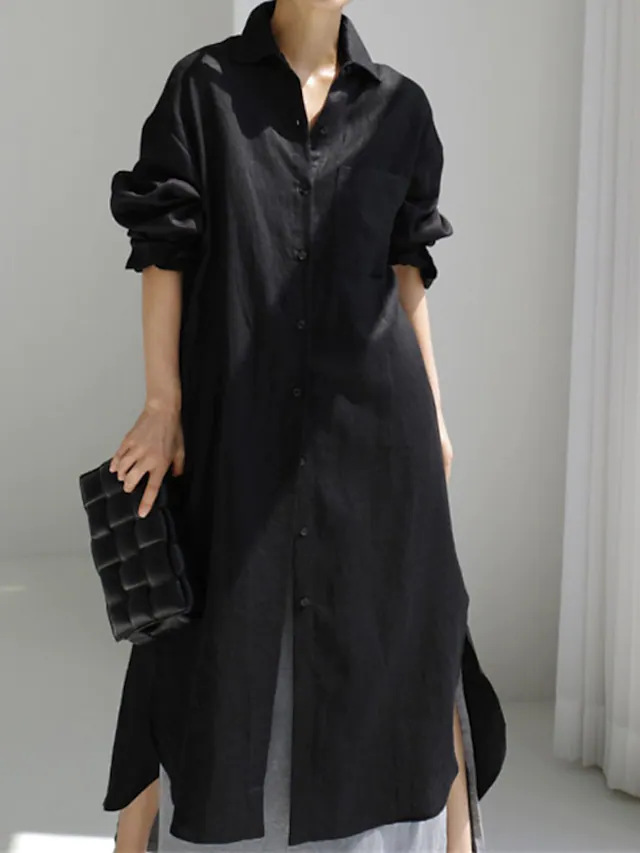 Cotton-Linen Button-Front Shirt Dress Long Asymmetrical Hem
