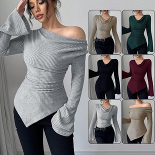 Ribbed Off-Shoulder Slim Fit Knit Long Sleeve Top