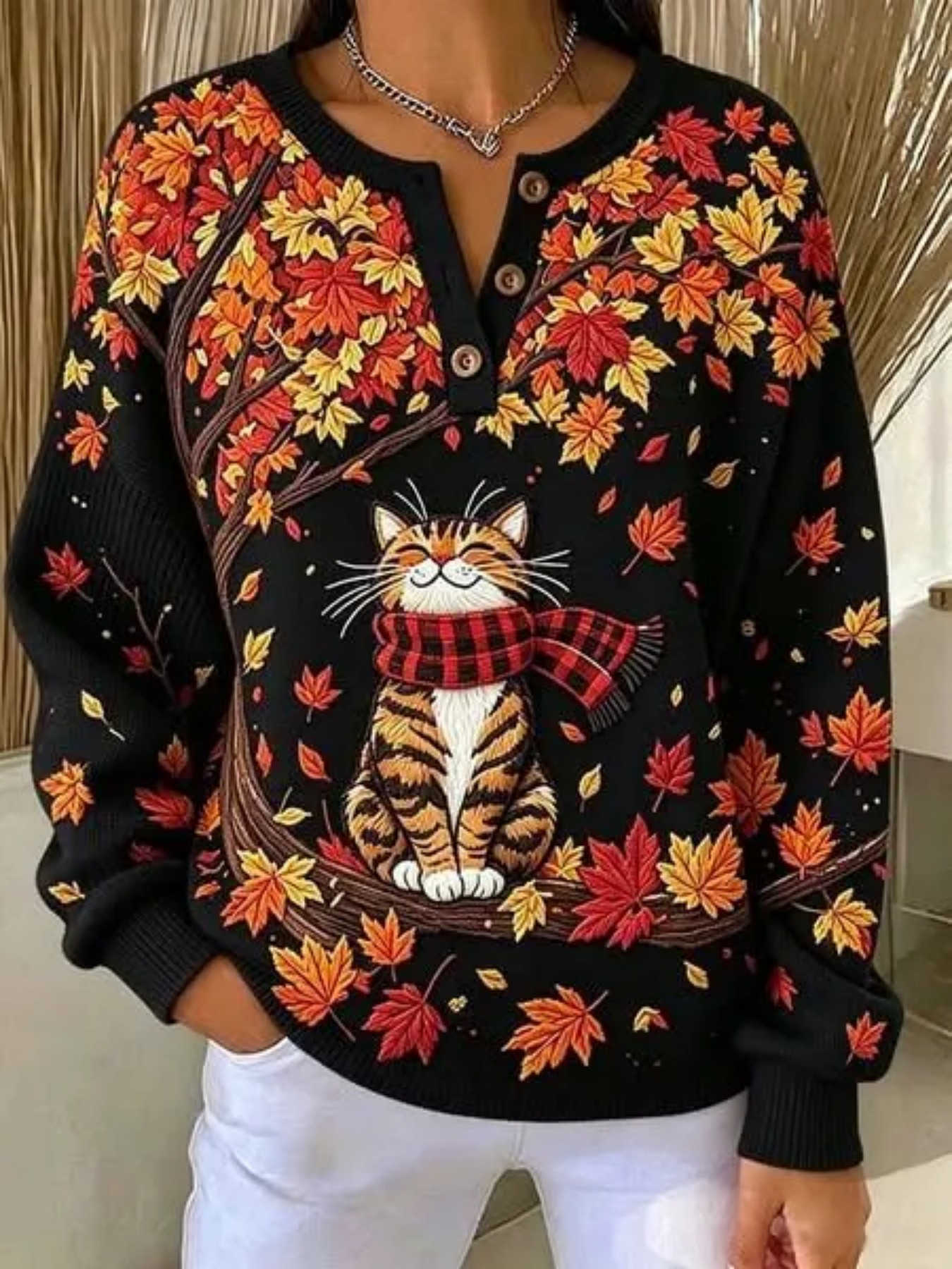 Women's Cute Cat & Maple Leaf Print Button Sweatshirt
