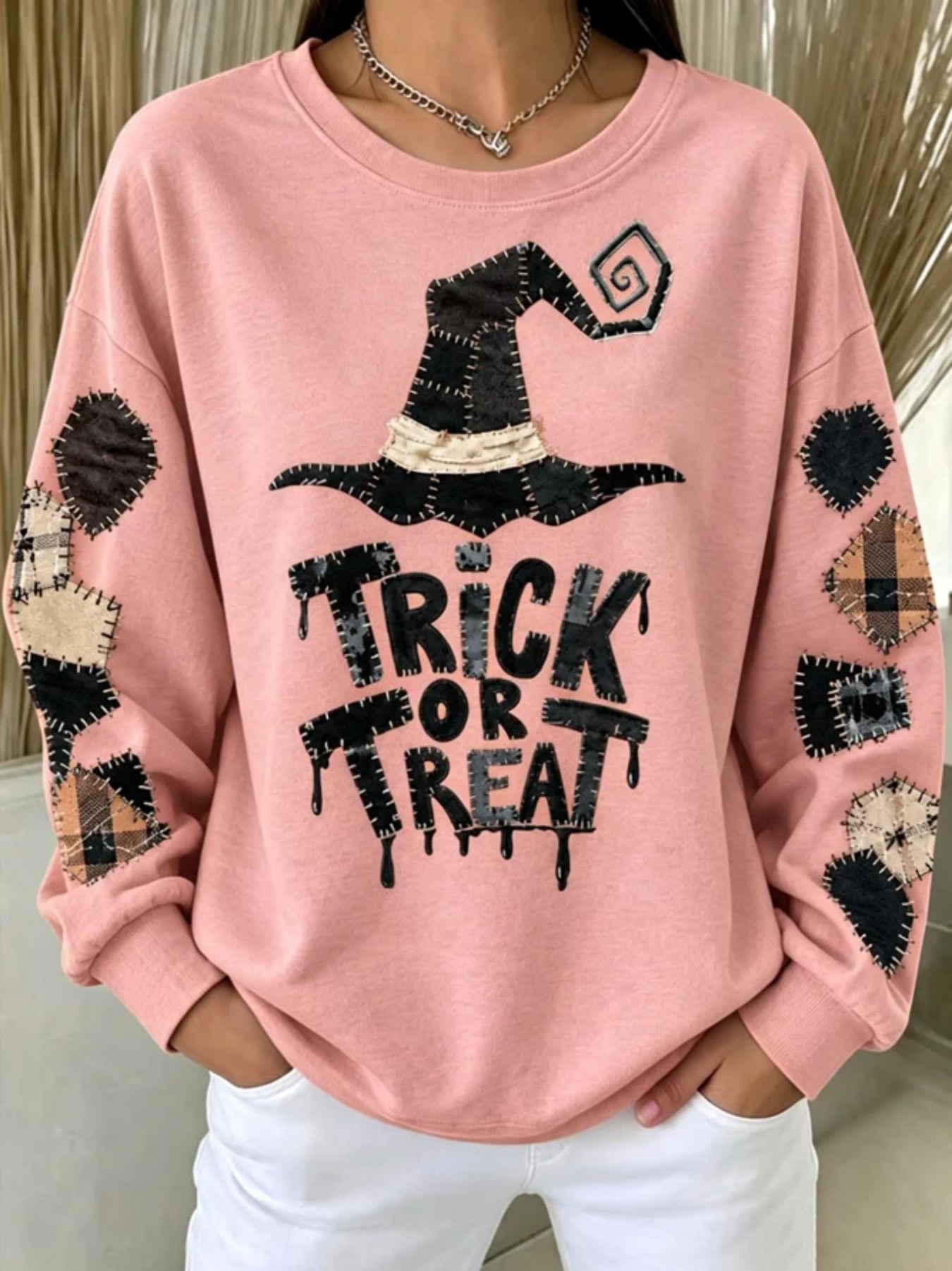 Halloween Witch Hat Letter Print Long Sleeve Pullover Sweatshirt