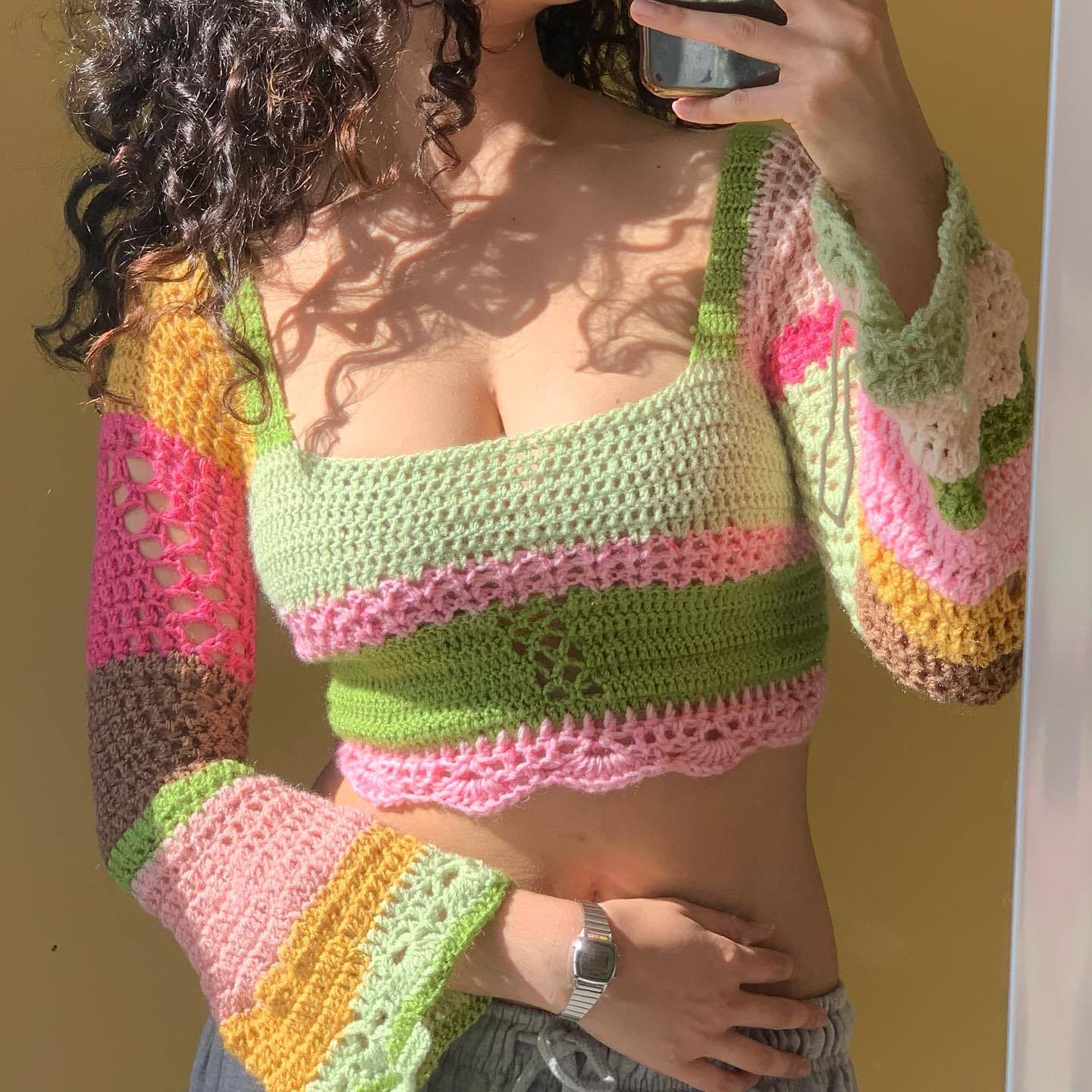 Women's Square Neck Colorblock Striped Hand Crochet Long Sleeve Knit Top