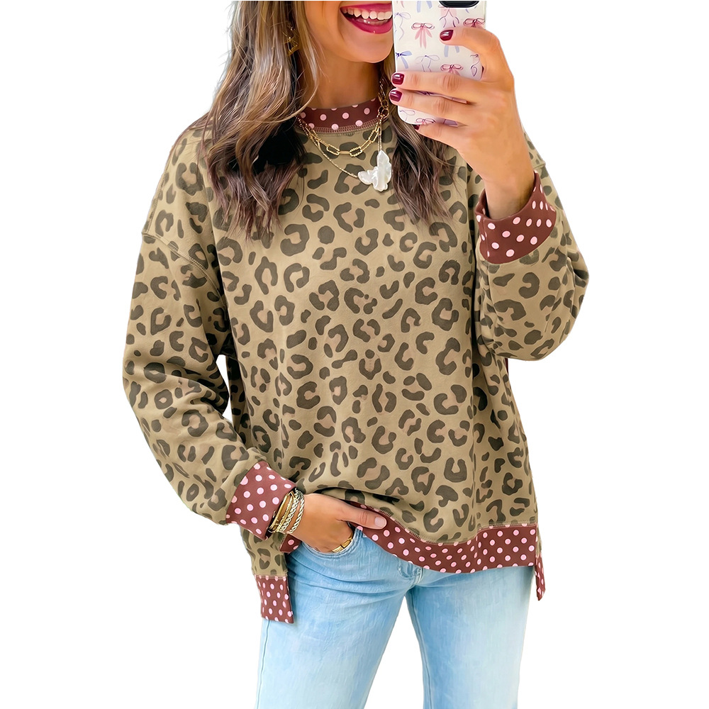 Women's Leopard Print Polka Dot Colorblock Loose Crewneck Sweatshirt
