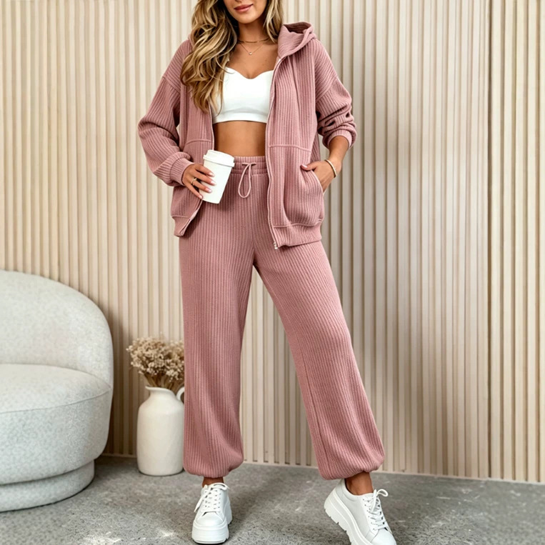 Women's Corduroy Hooded Zip Cardigan and Jogger Two-Piece Set