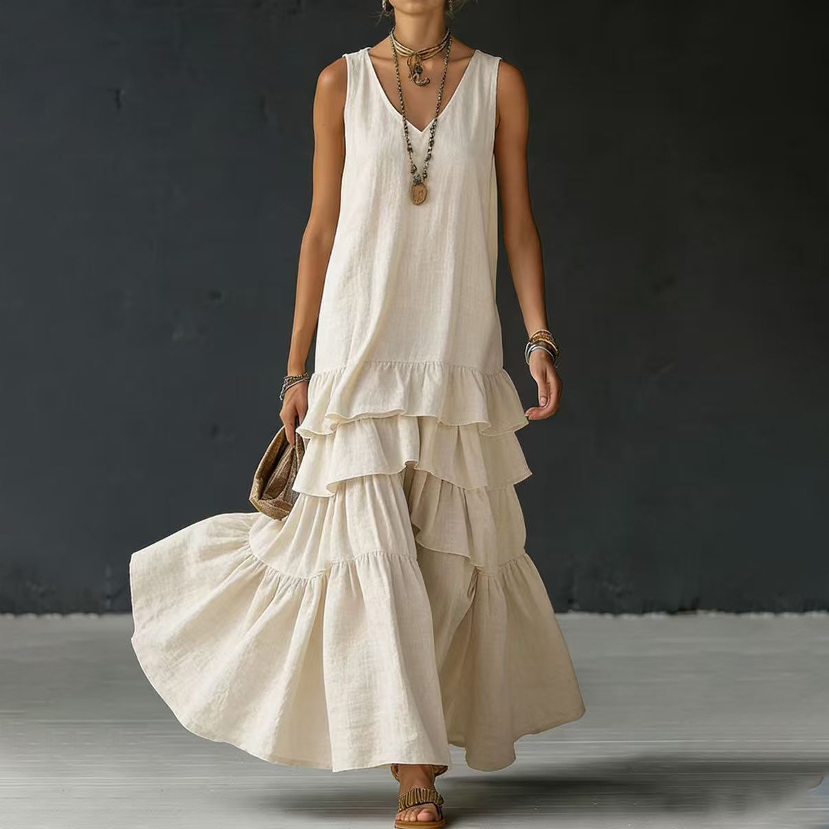 Women's Summer Beach Vacation Dress Solid Color Tiered Maxi Dress