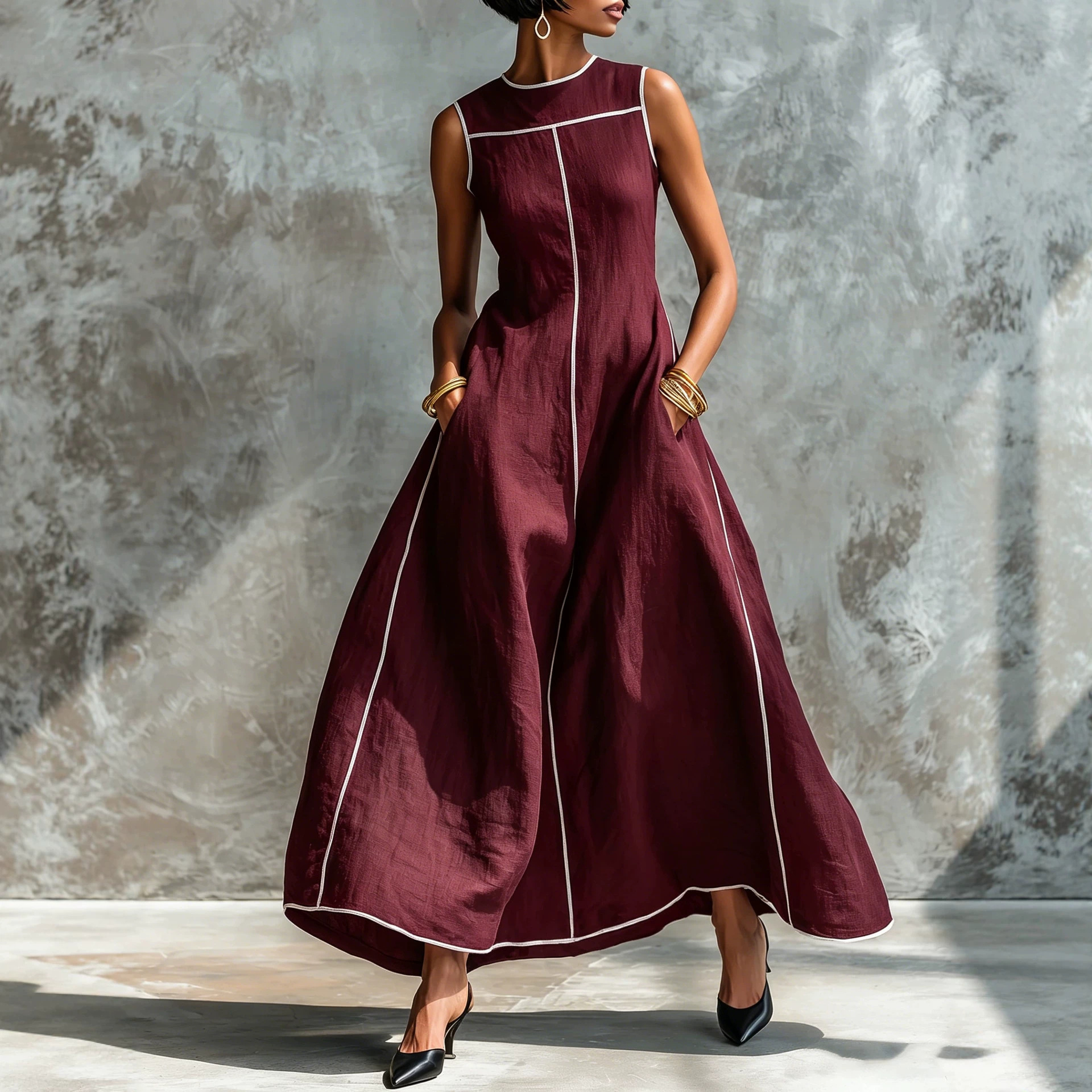 Women's Sleeveless Colorblock A-Line Midi Dress with Contrast Stitching and Cinched Waist