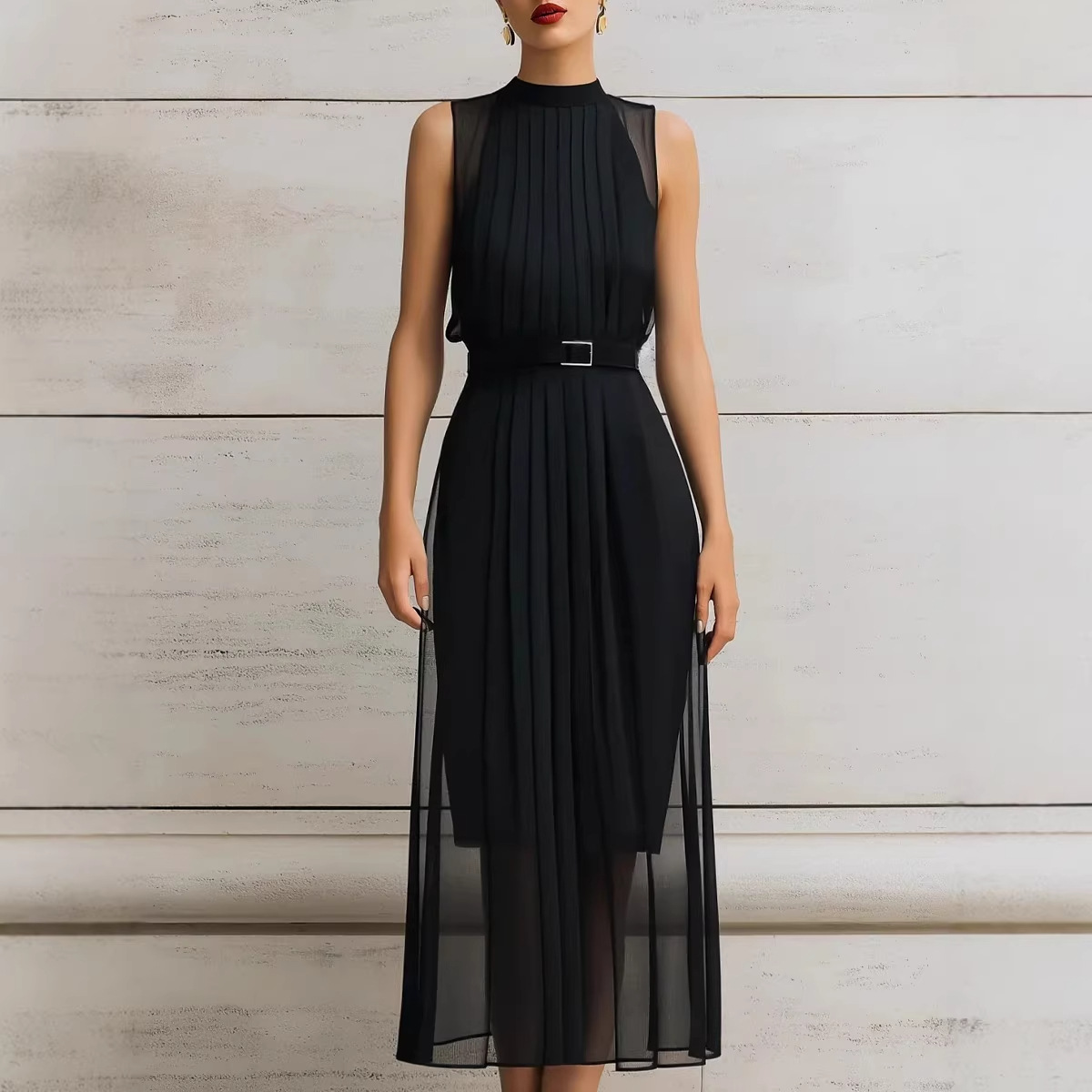 Black High Neck Sleeveless Mesh Panel Bodycon Midi Dress