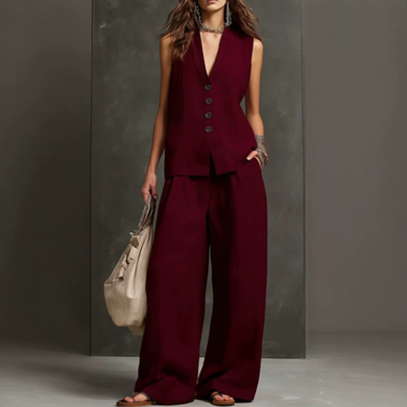 Women's Linen Sleeveless Vest & Wide-Leg Pants Set