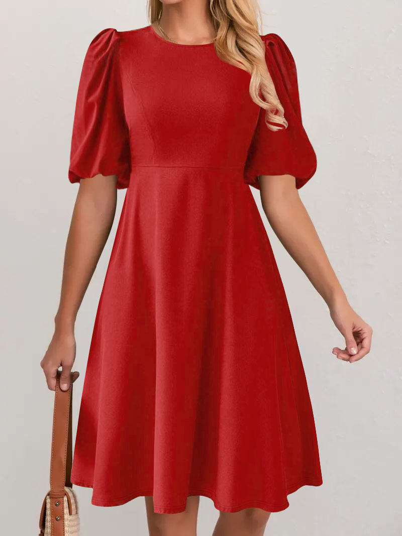Women's Elegant Solid Color Round Neck Puff Sleeve Dress