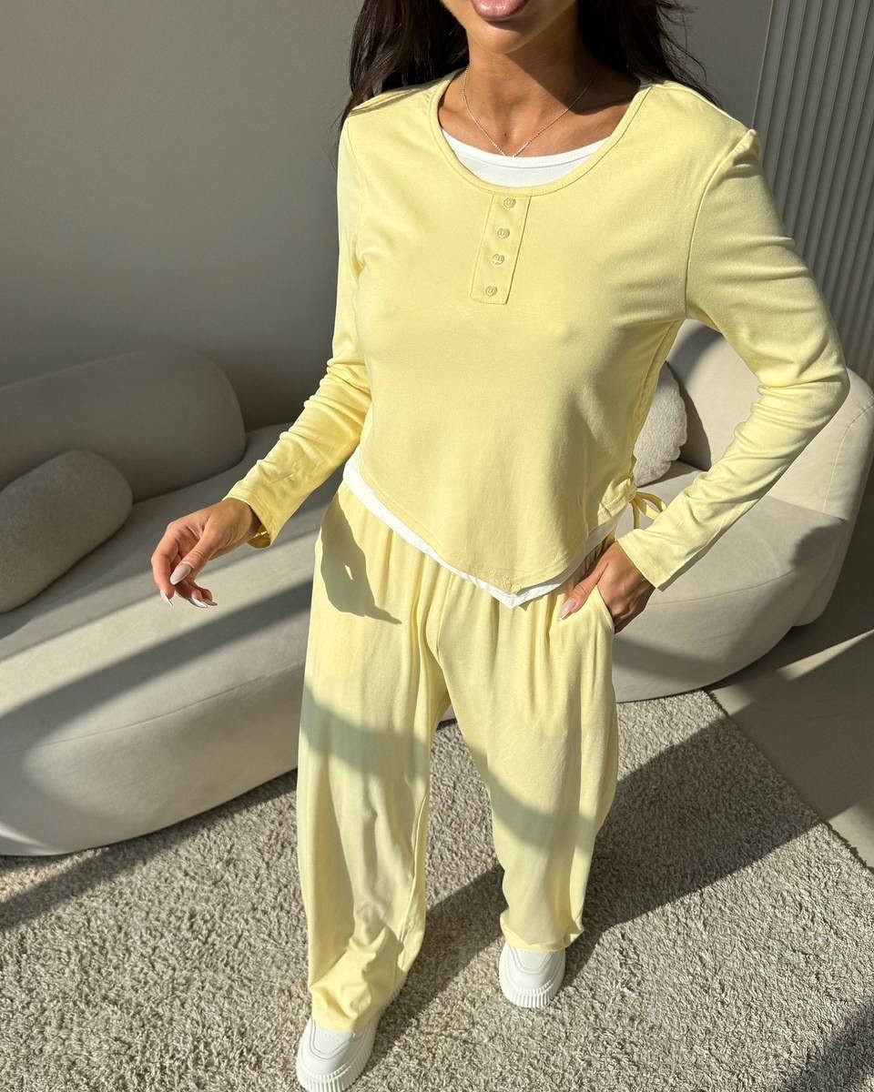 Women's Solid Color Two-Piece Set with Faux-Layer Top and Tie-Waist Pants