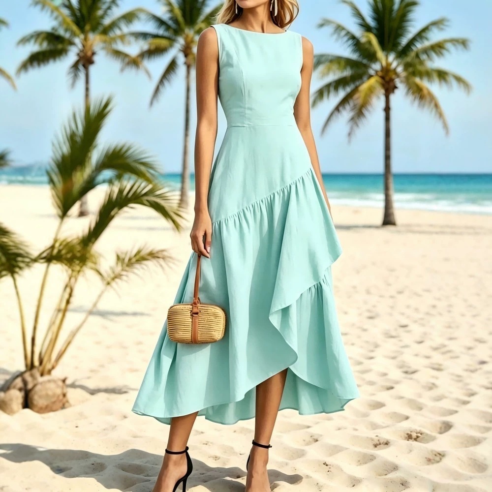 Mesh Panel Sleeveless Long Dress with Cinched Waist