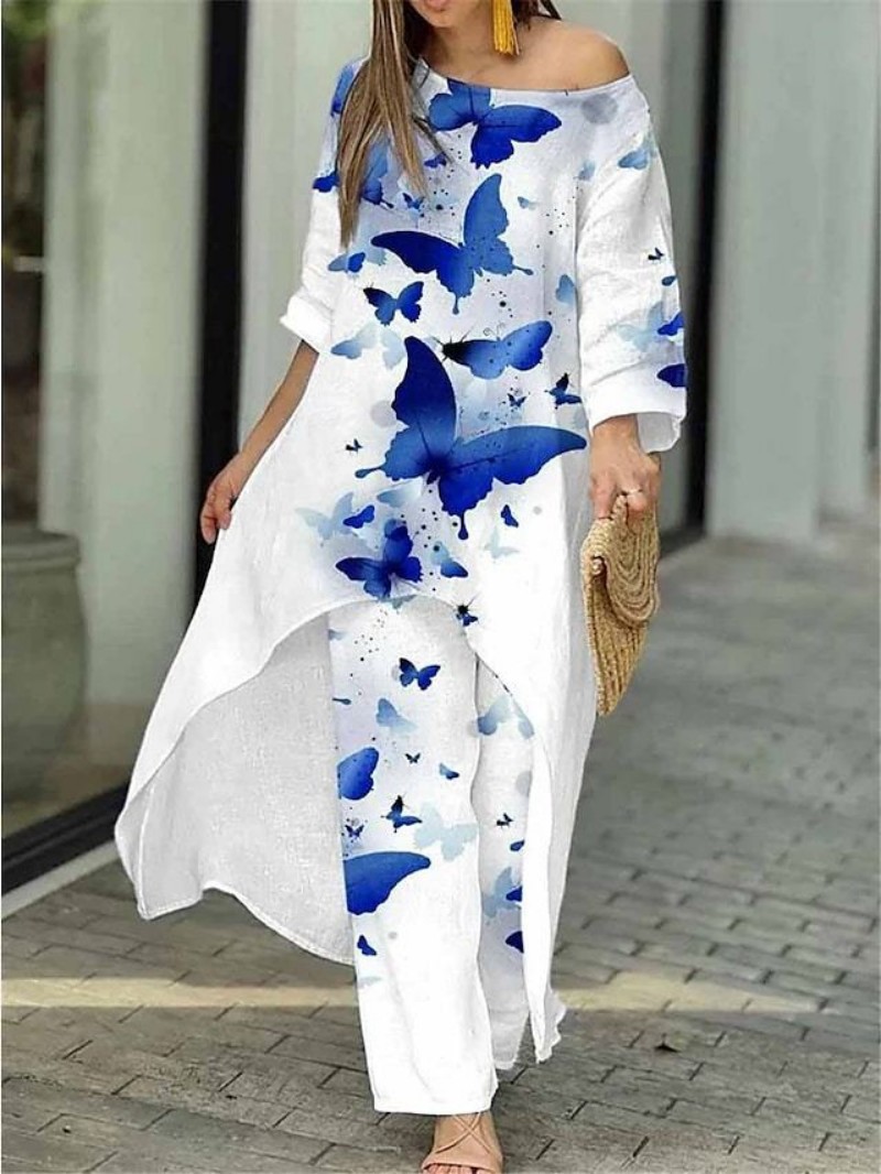 Women's Loose Plus Size Irregular Print Two-Piece Straight Pants Set