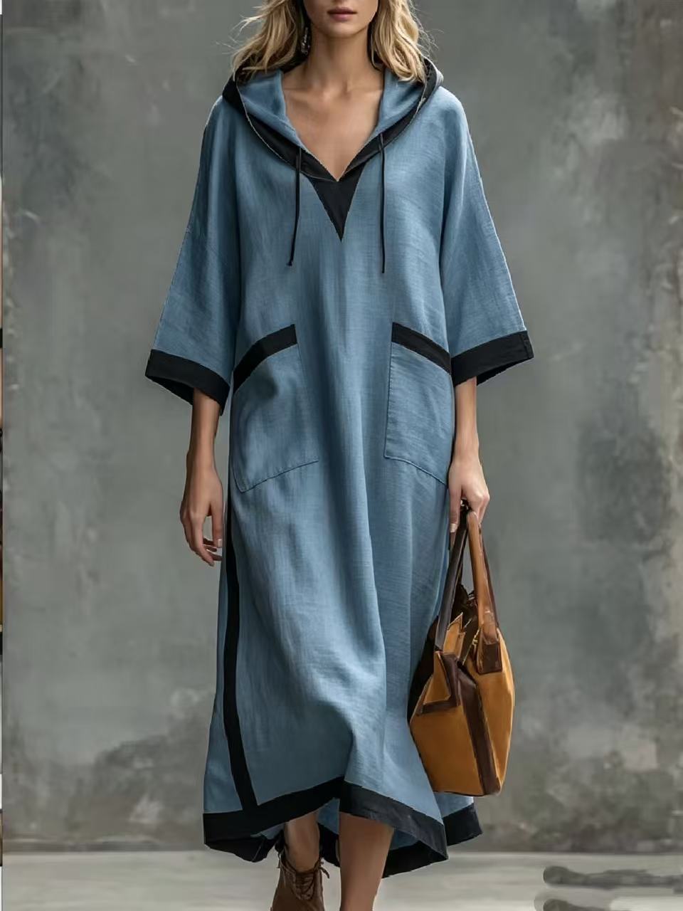 Hooded Long Dress Loose 3/4 Sleeve Color-Block Black Trim Relaxed Fit