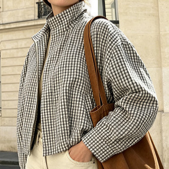 Plaid Stand Collar Cropped Jacket Loose Drop Shoulder Casual Outerwear