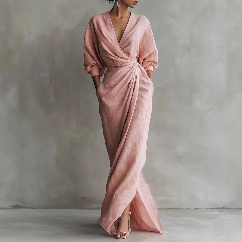 Women's Elegant Solid Cross V-Neck Long Sleeve Slim Waist Midi Dress