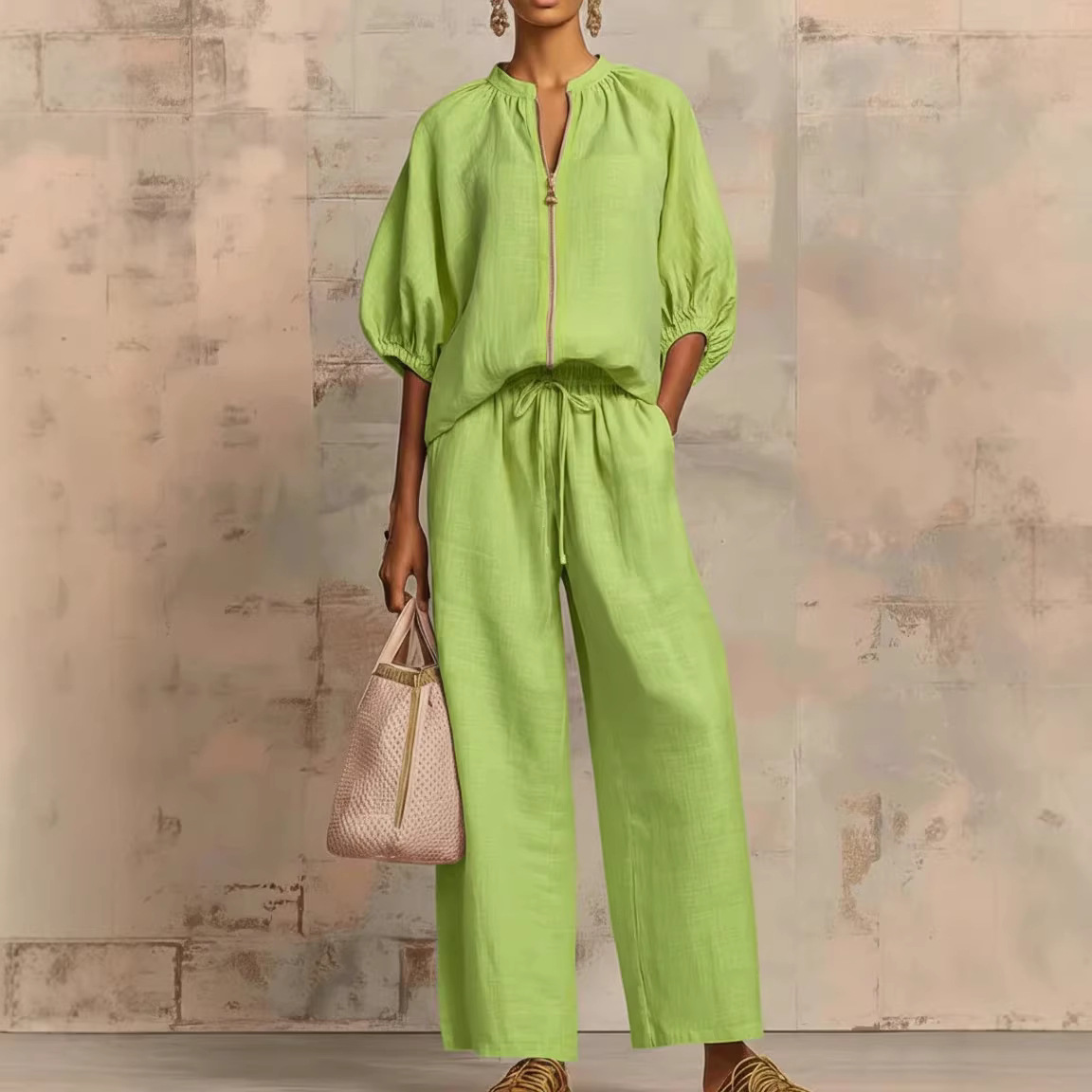 Women's Zip Shirt & Wide-Leg Pants Two-Piece Set