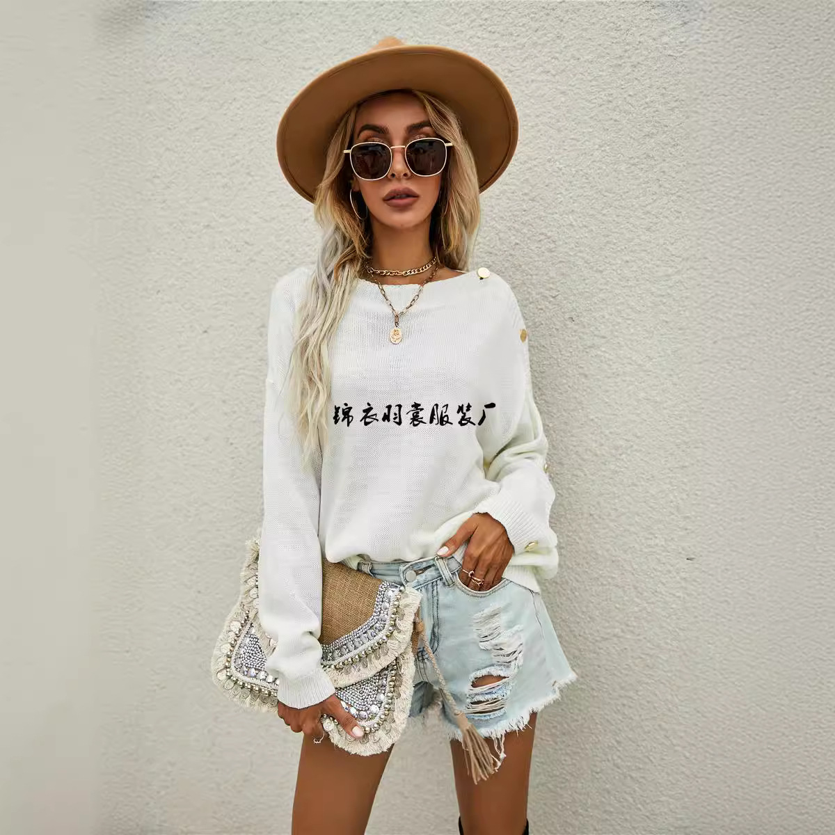 Women's Oversized Pullover Sweater with Button Sleeves