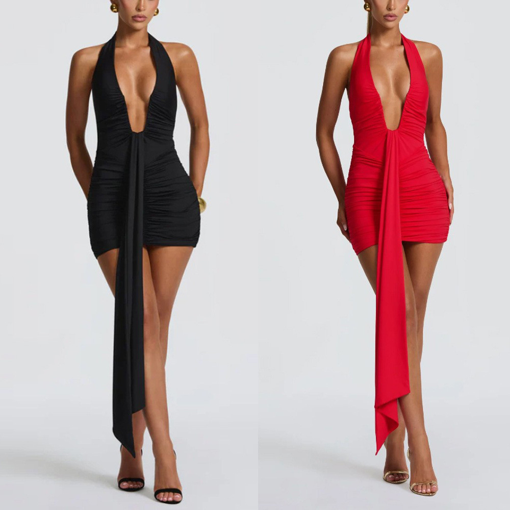 Women's Halter Deep V-Neck Backless Ruched Bodycon Mini Dress