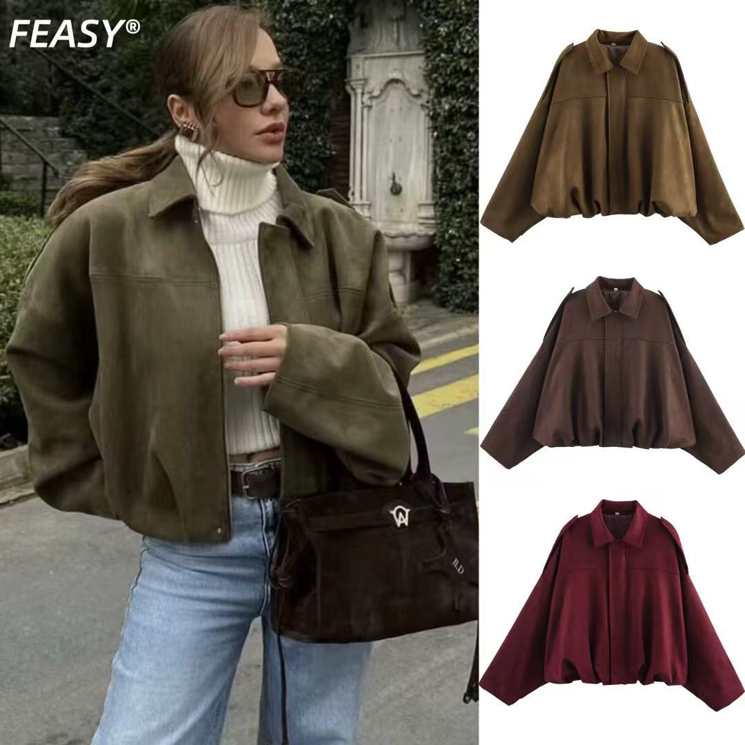 Faux Suede Bomber Jacket with Batwing Sleeves and Zip Front