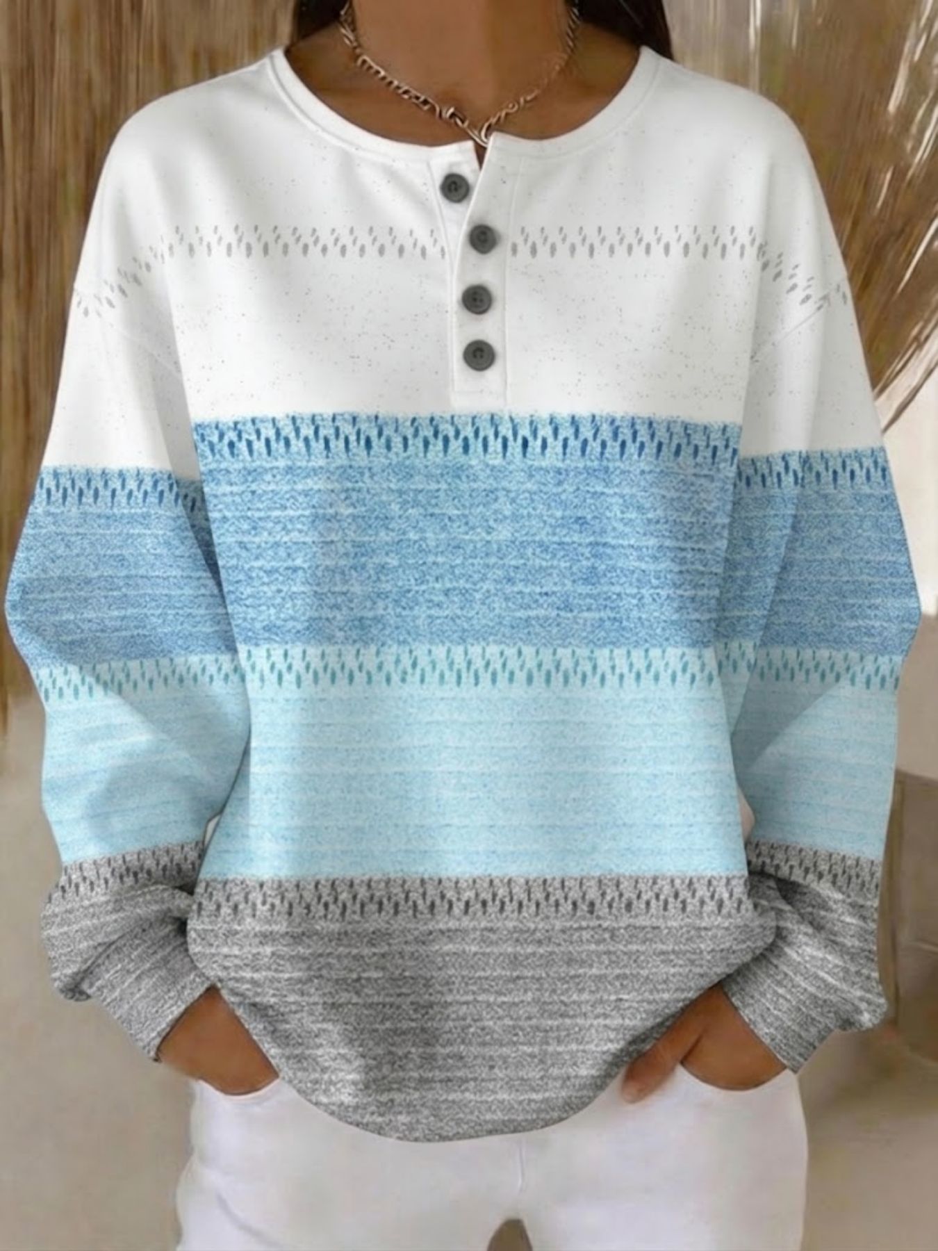 Women's Striped Print Buttoned Casual Hoodie