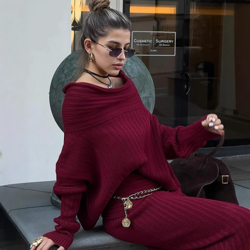 Off-Shoulder Slimming Loose Solid Knit Sweater Two-Piece Long Sleeve Set