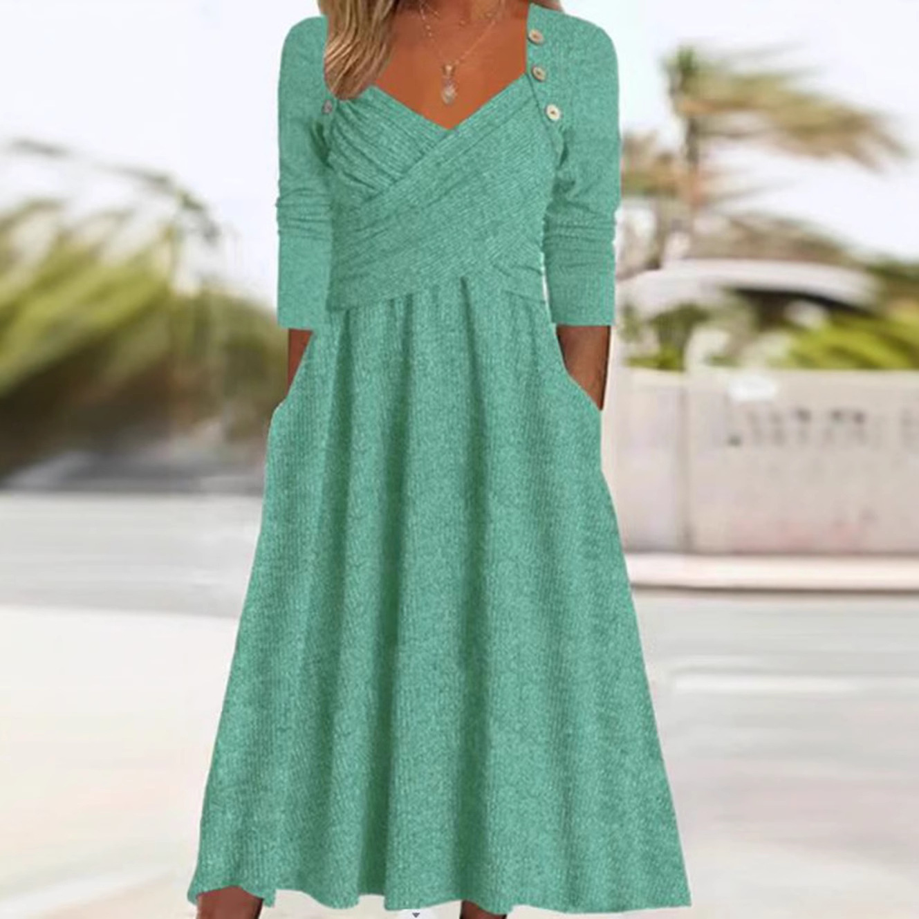 V-Neck Solid Color Long Sleeve Casual Dress