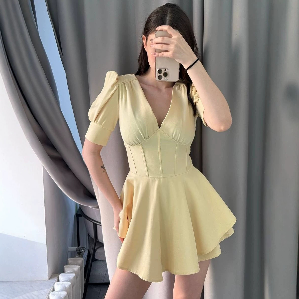 Puff Sleeve V-Neck Waist-Cinched Short Dress with Built-In Shorts