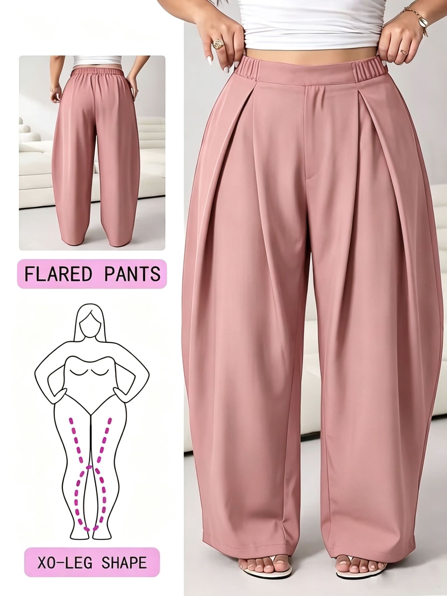 High-Waisted Pleated Wide-Leg Pants with Elastic Waist