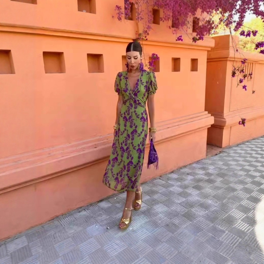 Women's Ruched Print V-Neck Short Sleeve Midi Dress